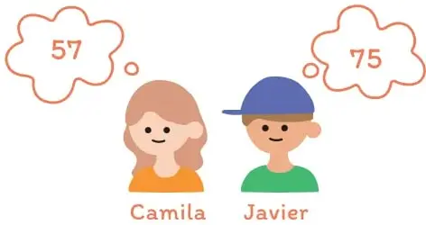 Niña llamada Camila con un globo de pensamiento que muestra el número 57, junto a una tabla de valor posicional vacía con columnas D y U.