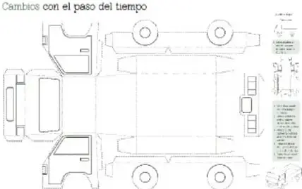 Plantilla desplegada del recortable «Cambios con el paso del tiempo»: piezas de un camión de juguete (carrocería, cabina, ruedas) con lengüetas para armar y leyendas laterales con instrucciones de montaje.