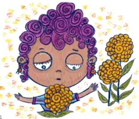 Retrato de Alejandra, niña de cabello morado rizado y ojos soñadores, frente a unas flores amarillas de cempasúchil.