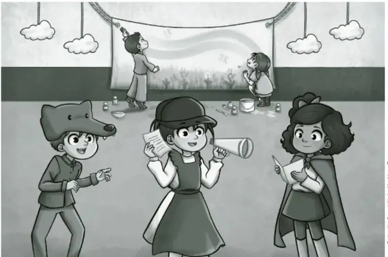 Ilustración en blanco y negro de un grupo de niñas y niños disfrazados: uno con cabeza de animal, una niña con birrete y megáfono, otra con capa y un niño pequeño. Al fondo, dos niños pintan un mural con nubes. Crédito: Estela la Saraí Hala Medina Tawilwus.