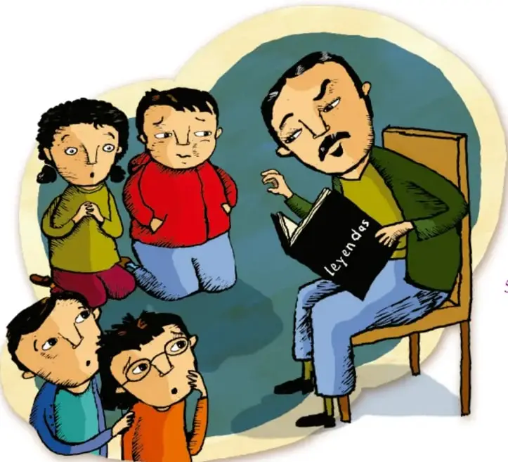 Ilustración de un narrador sentado con un libro titulado 'Leyendas', rodeado de niños y niñas que escuchan atentos.