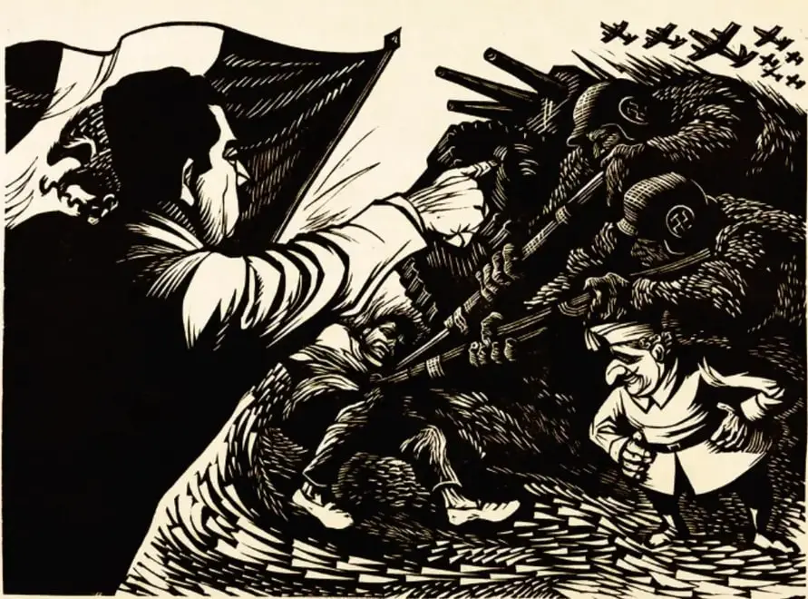 Grabado en blanco y negro de Alberto Beltrán titulado 'Lázaro Cárdenas y la Guerra de España, 1936-1939'. Muestra a Lázaro Cárdenas sosteniendo una bandera y enfrentando a soldados armados, con una figura pequeña al lado derecho.