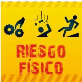 Cartel amarillo con pictogramas de peligro y el texto 'RIESGO FÍSICO'