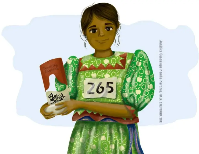 Ilustración de una mujer joven con vestimenta tradicional verde, sosteniendo un trofeo y con el número 265 en el pecho.