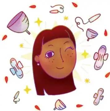 Ilustración de una joven con productos de higiene menstrual (copas, toallas, tampones) y gotas de sangre a su alrededor; crédito a Karina Eréndira Pérez Olmos, Michoacán.