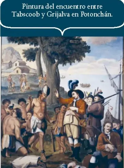 Pintura del encuentro entre Tabscoob y Grijalva en Potonchán, con españoles y mayas frente a frente.