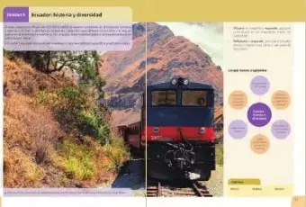 Muestra una apertura de unidad con una fotografía de un paisaje y un tren, además de textos y esquemas.