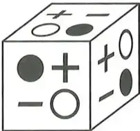 Cubo con signos positivos y negativos, círculos oscuros y círculos claros en sus caras visibles, acompañado de cinco redes alternativas.