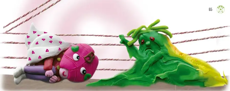 Ilustración en plastilina de dos luchadoras: a la izquierda Bugambilia, con máscara rosa mexicano, mallas moradas y capa blanca con flores rosas; a la derecha Tosina, de color verde con pelos verdes fluorescentes y capa amarilla pegajosa. Ambas están sobre el ring con cuerdas rosas.