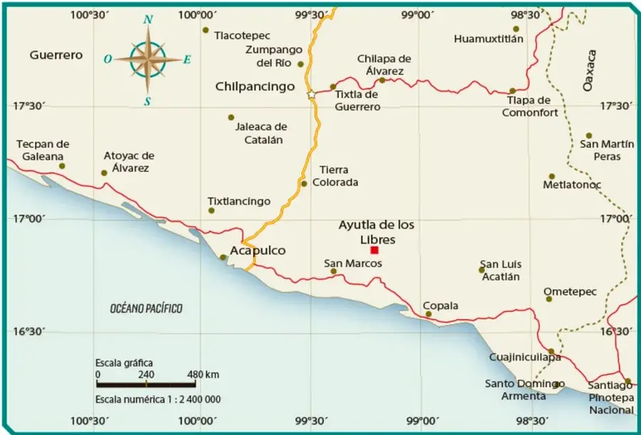 Mapa titulado 'Mapa de Ayutla de los Libres' que muestra la región sur de México, con los estados de Guerrero y Oaxaca, la costa del Océano Pacífico, y localidades como Tixtla de Guerrero, Chilpancingo, Chilapa de Álvarez, Tlapa de Comonfort, Ayutla de los Libres, San Marcos, Copala, Ometepec, entre otras. Incluye escala gráfica de 240 km y escala numérica 1:2 400 000.
