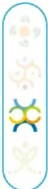 Íconos decorativos verticales con figuras geométricas y florales en tonos azul, amarillo y verde.