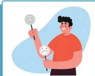 Ilustración de un personaje masculino con suéter naranja sosteniendo paletas con caritas feliz y triste, simbolizando felicidad.
