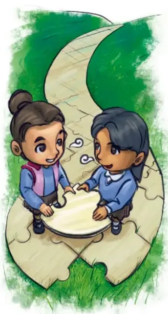 Dos niñas arman juntas un rompecabezas blanco sobre un camino de piedras entre pasto verde, con pequeñas nubes sobre sus cabezas.