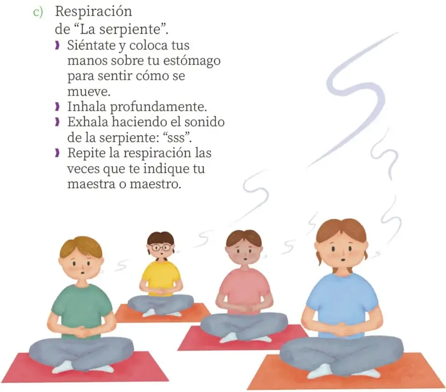 Ilustración de cuatro niñas y niños sentados en colchonetas (naranja, rojo) en posición de loto, con las manos sobre el estómago, exhalando con ondas en forma de "S" que representan el sonido de la serpiente. Crédito: Daniela Regis Rivas, AGUASCALIENTES.