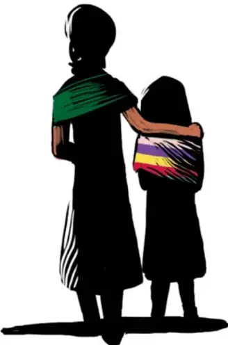 Silueta de una niña con rebozo verde junto a una mujer adulta, ambas de espaldas.