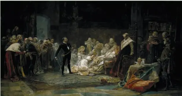 Pintura de Sánchez-Barbudo Morales: salón del trono de Elsinor con el duelo de Hamlet y Laertes y la corte presenciando.