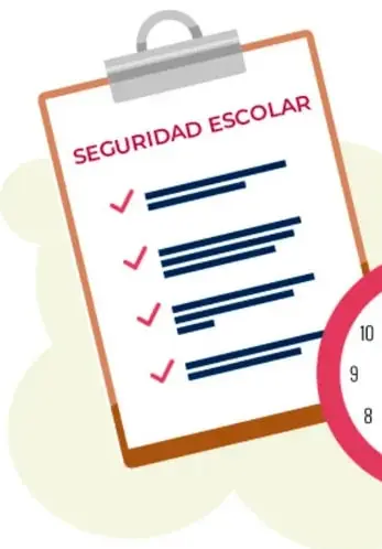 Portapapeles con la lista 'SEGURIDAD ESCOLAR' y cuatro marcas de verificación.