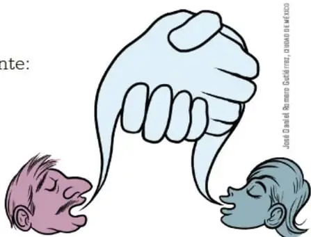 Ilustración de dos rostros de perfil conectados por una línea ondulada, uno rosado y otro azul, que representa la comunicación entre las personas.