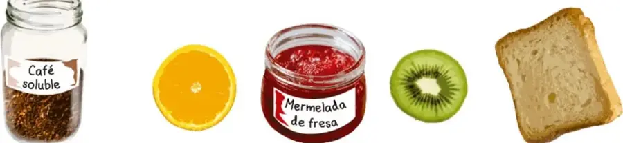 Frasco de café soluble, naranja, tarro de mermelada de fresa, kiwi y rebanada de pan con mantequilla: materiales del experimento Saboreando ando y de los recipientes de olores.