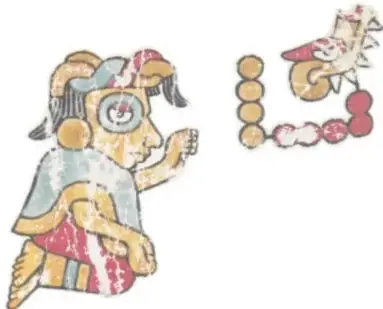 Escena de la petición: dos personajes con tocados de ave dialogan sobre una plataforma decorada con grecas y ojos estilizados.