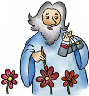 Ilustración de un anciano con barba blanca y túnica azul (Dios) pintando flores rojas con un pincel.