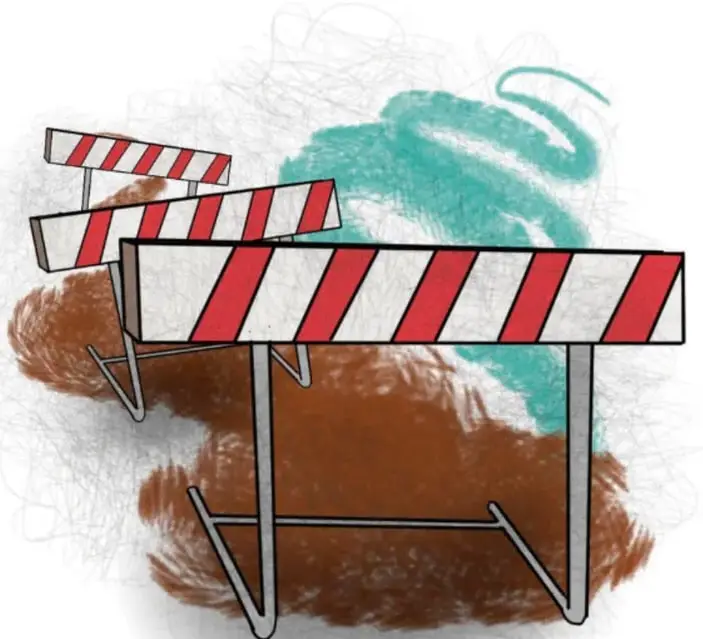 Ilustración de vallas de precaución rojas y blancas sobre suelo café y manchas verdes, que representan obstáculos o terreno en recuperación.