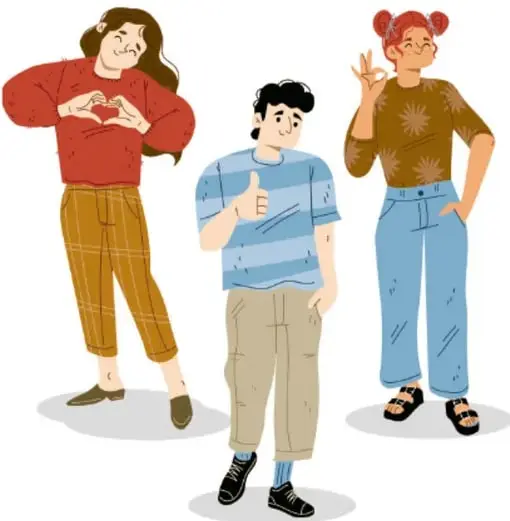 Tres jóvenes: una forma un corazón con las manos, otro hace pulgar arriba y otra hace la señal de paz.
