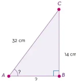 Triángulo rectángulo con vértices A, B y C. El ángulo recto está en B. La hipotenusa AC mide 32 cm, el cateto opuesto BC mide 14 cm. Se marca el ángulo A con un signo de interrogación y el cateto AB con otro signo de interrogación.