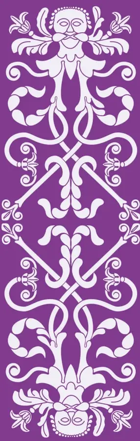 Ilustración decorativa vertical en color morado con motivos florales y figuras simétricas, estilo arte popular mexicano.