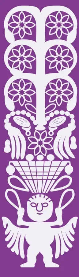 Ilustración vertical de una artesanía textil mexicana (bordado tradicional) en blanco sobre fondo morado, con motivos de flores, aves, un rostro humano estilizado y figuras geométricas; funciona como elemento decorativo de la portadilla.