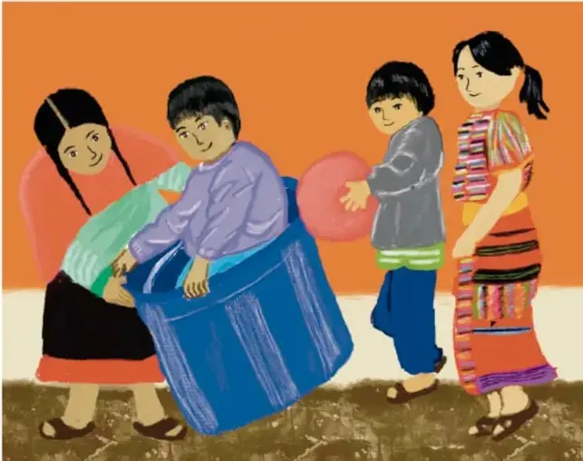Ilustración de cuatro niños y niñas cargando un contenedor azul y una pelota roja, en un entorno comunitario.