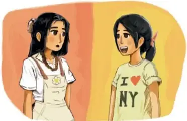Ilustración de dos niñas conversando; una de ellas viste playera con la leyenda 'I love NY'.
