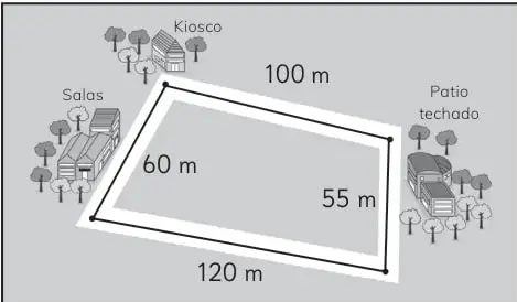 Plano de un patio con kiosco, salas y patio techado; zona marcada con lados 60 m, 100 m, 55 m y 120 m.