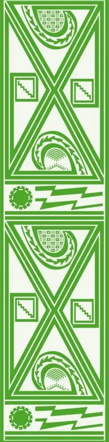 Decoración vertical verde con motivos geométricos prehispánicos: triángulos, escalinatas, soles y rayos, en estilo gráfico monocromático.