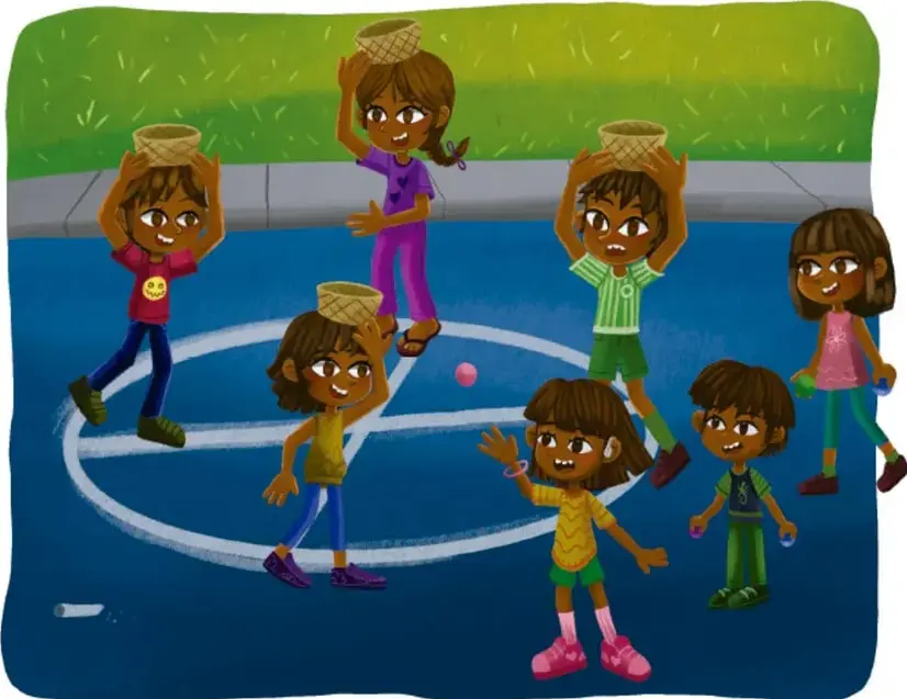 Ilustración de ocho niñas y niños en una cancha azul con círculos blancos; varios equilibran canastas de tule en la cabeza caminando sobre las líneas del círculo y otros sostienen canicas; al fondo pasto verde y banqueta; firmado Armando Amezcua Mora, Guanajuato.