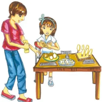 Una joven de playera rosa y una niña con moño sirven alimentos en una mesa de madera con cartel de "Bienvenidos", huevos, panes y platillos; firmado María del Rosario Escobar García, Jalisco.