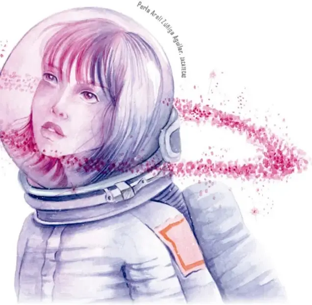 Acuarela de una astronauta joven con casco transparente y traje blanco, con polvo rosa y rosas flotando alrededor. Crédito: Perla Areli Zúñiga Aguilar.