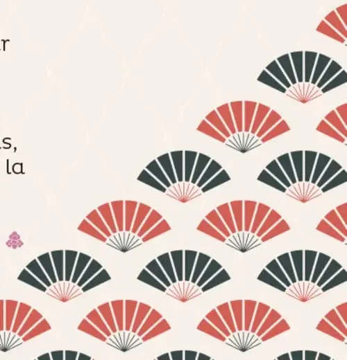 Patrón decorativo de abanicos japoneses (uoçi) en rojo y gris oscuro sobre fondo rosa pálido.