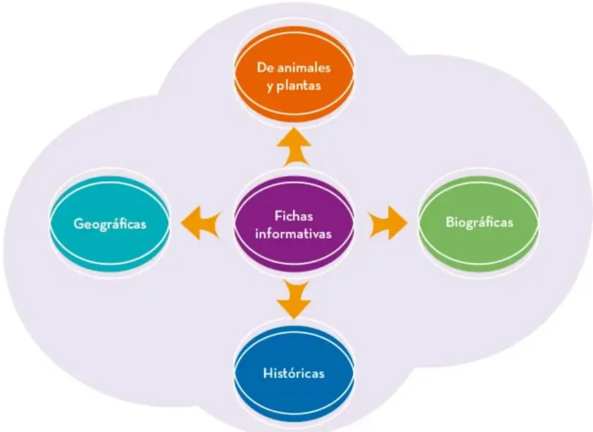 Diagrama en forma de nube con nodo central morado 'Fichas informativas' y cuatro óvalos conectados por flechas naranjas: De animales y plantas (naranja, arriba), Biográficas (verde, derecha), Históricas (azul, abajo) y Geográficas (turquesa, izquierda).