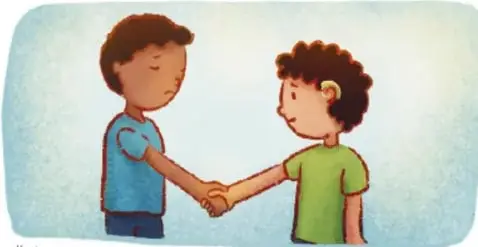 Ilustración de dos niños dándose la mano en señal de reconciliación (Karina Eréndira Pérez Olmos, Michoacán).