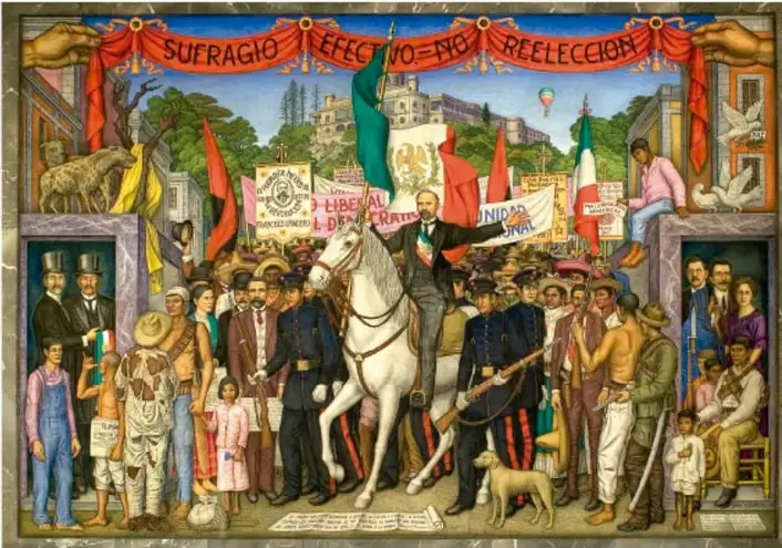 Mural que representa una multitud con banderas rojas y verdes, un jinete en caballo blanco y la frase 'Sufragio Efectivo No Reelección' en la parte superior. Aparecen figuras de trabajadores, campesinos y políticos.