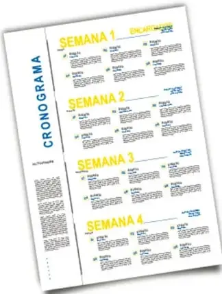 Modelo de CRONOGRAMA impreso con filas Semana 1, Semana 2, Semana 3 y Semana 4, cada una con bloques de tareas y responsables.