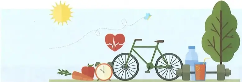 Ilustración de una vida saludable con frutas y verduras, un reloj, una bicicleta, pesas, agua, un vaso de bebida, un árbol y un corazón.