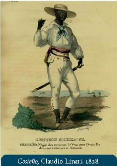 Litografía 'Costeño' de Claudio Linati, 1828, que muestra a un hombre afrodescendiente con vestimenta de la costa.