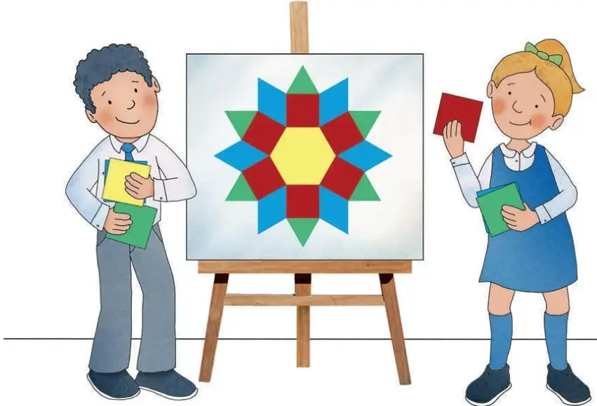 Constanza e Ignacio observan un cuadro con una figura tipo estrella formada por hexágonos amarillos, cuadrados rojos, rombos azules y triángulos verdes.