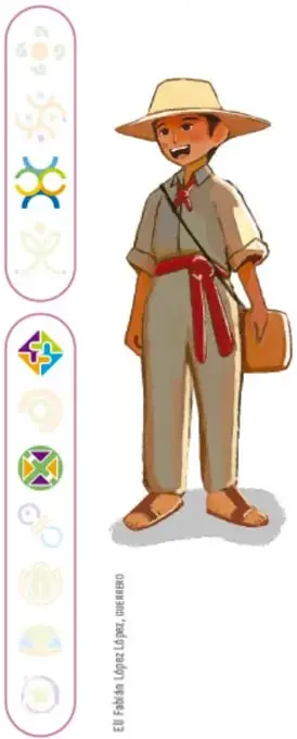 Ilustración de un niño y una niña mames con vestimenta típica: él con sombrero de palma, camisa clara, pantalón, faja roja y paliacate; ella con blusa bordada, falda anaranjada y faja roja.
