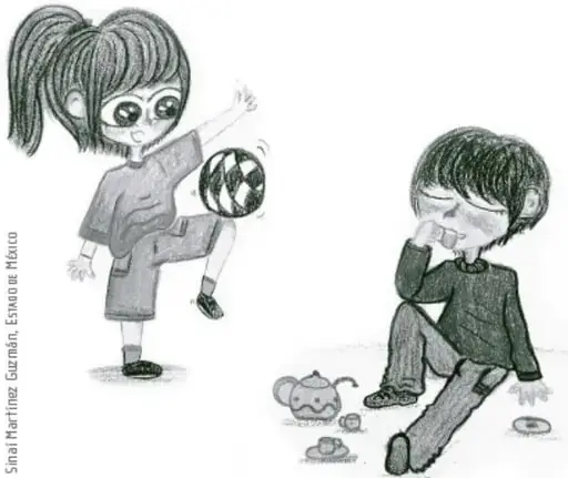 Ilustración en blanco y negro de una niña con coleta jugando con un balón de fútbol y un niño sentado en el suelo con expresión pensativa; alrededor hay una taza y una pelota pequeña. Crédito: Simal Marínez Guzmán, Esnauqe Marco.
