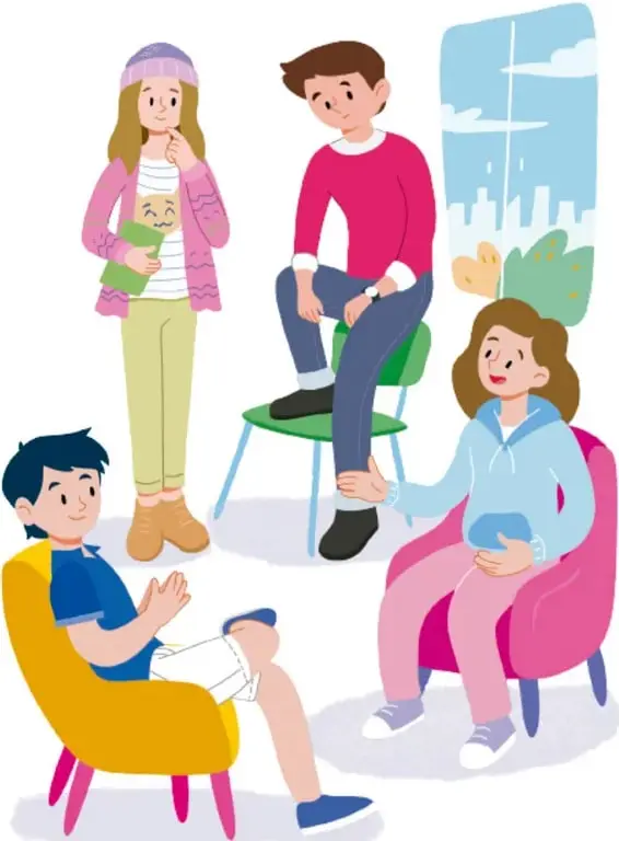 Ilustración de cuatro jóvenes conversando sentados en sillones y sillas, uno con libreta tomando notas. Crédito: Juan Pablo Dorantes Pineda, Ciudad de México.