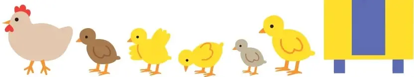 Ilustración de una gallina seguida por cinco pollitos: uno café, uno amarillo con alas desplegadas, uno amarillo picoteando, uno gris pequeño y uno amarillo más grande. Debajo de cada pollito hay un recuadro vacío para escribir el número ordinal.