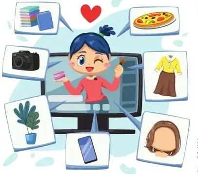 Niña sonriendo desde una pantalla de computadora rodeada de iconos (cámara, pizza, vestido, peinado, teléfono, planta) representando la comunicación visual.
